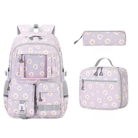 Skolesekk Ryggsekk for Jenter 3-delt Sett med Matboks og Kawaii Design