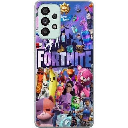 Samsung Galaxy A73 5G Läpinäkyvä kuori Fortnite kollaasi, jossa on ikonisia hahmoja, skinejä, Victory Royale ja vahvoja värejä, jotka luovat ene