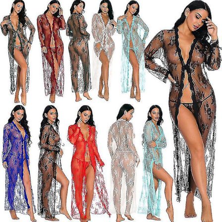 Kvinnors spets Cardigan Blommig Virkad Skir Beach Cover Ups Lång öppen Kimono