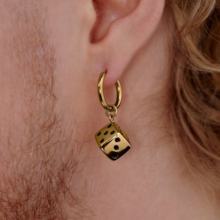 Pendiente de aro de acero dorado con colgante de dado para hombres - Pendientes de aro con colgante