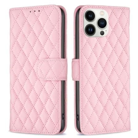 BINFEN COLOR iPhone 13 Pro Max 6,7 tommer BF Style-14 Stødsikkert flipomslag Trykt rombemønster Anti-fall Vegansk læderpung Cover med stativ - Lyserød
