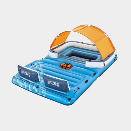 Plovoucí mola Bestway Hydro Force Tropical Breeze Island, 3,89 x 2,74 metru, modrá/oranžová + kotvící vak + sluneční clona + opravná záplata + 