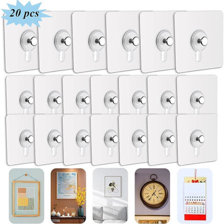 Set med 20 självhäftande bildhängare utan borrning, självhäftande ramklämmor krokar för att hänga fotoramar, väggkonst, dekorativa, inga hål