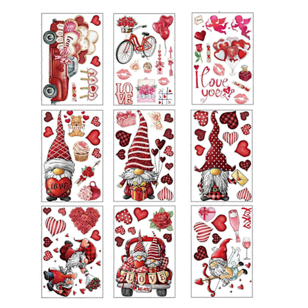 9 stk. Valentinsdag Vindues Statiske Klistermærker Dobbeltsidet Hjerte Elver Nisse Kærlighed Rose Aftagelige PVC Vægklistermærker til Glasdør Vindue 
