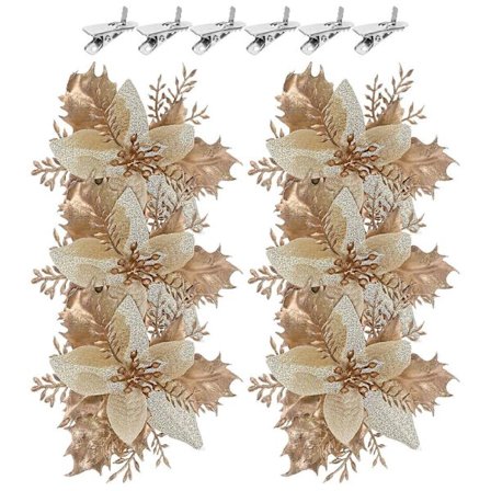 6 stk. Glitter Kunstige Julestjerner, Juletræsklemmer Blomster Julestjerne Blomsterdekorationer med 6 Klemmer til Julefest Bryllup F[HK]