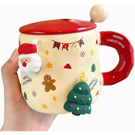 Joulumuki, 450 ml keraaminen muki kannella, joulumuki lusikalla, söpöt kahvimukit keraamiset, joululahjat (Piparkakkumies) (LGL)