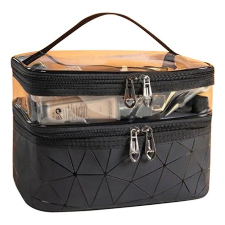 Dobbeltlags makeup taske bærbar vertikal opbevaringsboks stor kapacitet kosmetisk taske til rejse sort