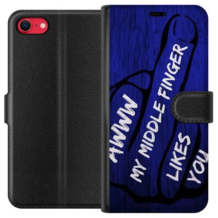 Kompatibelt Lommeboketui til Apple iPhone SE (2020) Mørk typografisk illustrasjon med hjerteform og budskap om vennskap mot dyp blå tretekstur