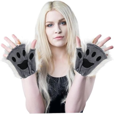 Therian Paws, Kattepote 1 Par Halvfinger Therian Paws Søde broderede pels poter Dekorative realistiske potehandsker til børn voksne cosplay scene, 