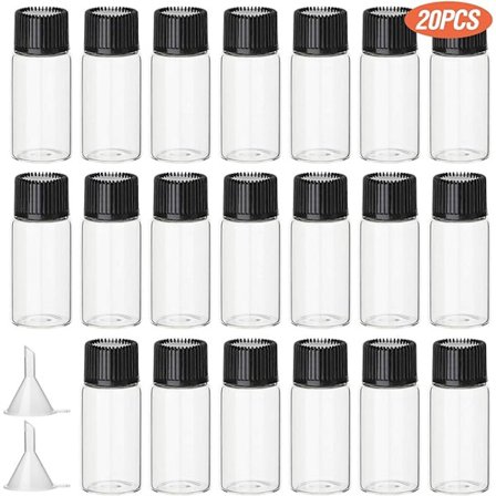 20 st 5 ml genomskinliga glasflaskor små tomma provflaskor med skruvlock, bonus 2 st minitrattar