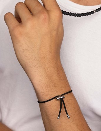 Nialaya Men's Black String Bracelet With Adjustable Silver Lock - Silver - ONE SIZE 20 cm