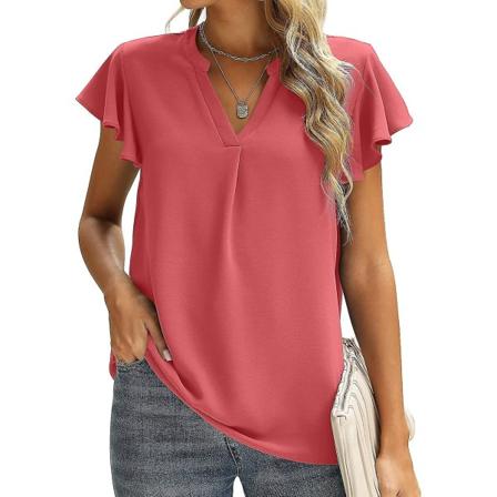 Kvinnors sommar casual split V-ringning chiffong blusar lös tunika kortärmad toppar Dark Pink XXLarge