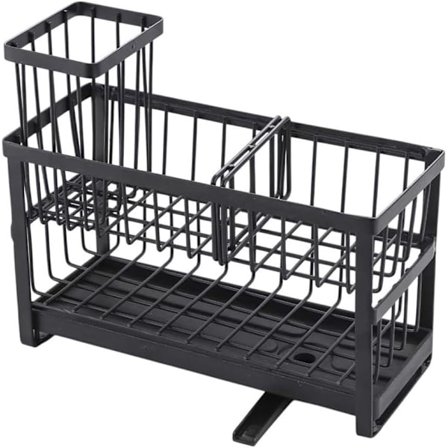 Stilfuld køkkenopbevaringsløsning: et dobbeltlags svampehylle med en dedikeret børsteholder.