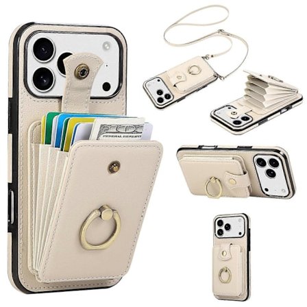 Til iPhone 17 Pro Telefon Cover Kortholder Ring Stand TPU PU Læder Telefon Beskyttelsesetui med Lang Rem (Beige, Beige)