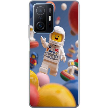 Kompatibelt Mobilskal till Xiaomi Xiaomi 11T LEGO-inspirerad astronautfigur i rymden bland färgglada planeter, lekfull 3D-illustration för barnrum,