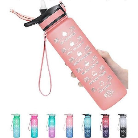 Vandflaske med sugerør og håndtag med spænde, pink (1 liter)