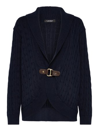 Lauren Women Buckle-Trim Cable Shawl-Collar Cardigan - Navy - 46-48