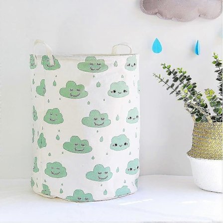 Lasten lelujen säilytyskori, suuri taittuva pyykkikori puuvillaa kahvalla - vihreät pilvet, valkoinen