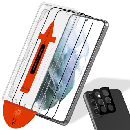 2-Pack Samsung S21 Skärmskydd & 2-Pack linsskydd - Härdat Glas | [Automatisk Installation] - Bubbelfritt