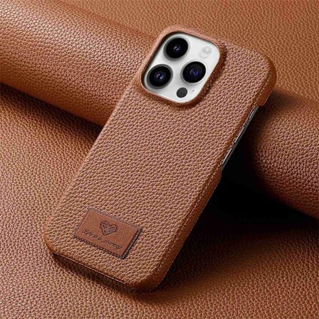 Etui til iPhone 15 Pro Max brunt lær halv pakke småstein liten klar hud