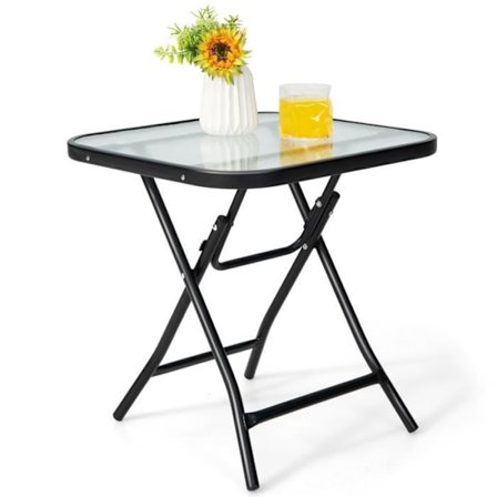 COSTWAY Folde Bistro Havebord 46,5x46,5x42 cm i glas og stål til Indendørs Udendørs Terrasse Balkon Belastning 25kg Sort