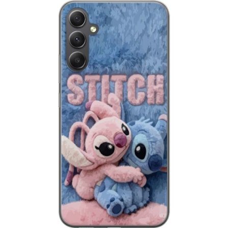 Kompatibelt Mobilskal till Samsung Samsung Galaxy A16 5G Söta fluffiga Stitch och Angel kramas på ett mjukt pälsigt underlag med pastellfärger som