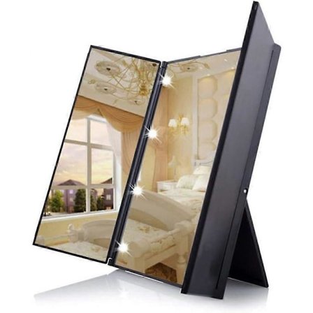 Unik Tri-Fold Kosmetisk Makeup Spejl Rejse-kompakt Lomme Makeup Spejl med 8 LED-lys Batteri Inkluderet - Sort