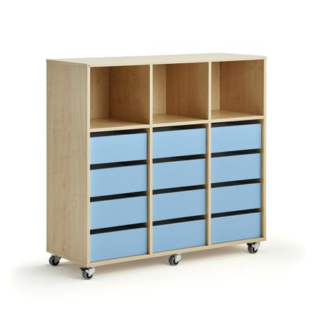 Elevförvaring CASPER, 12 lådor, 3 toppfack, hjul, björk, himmelsblå