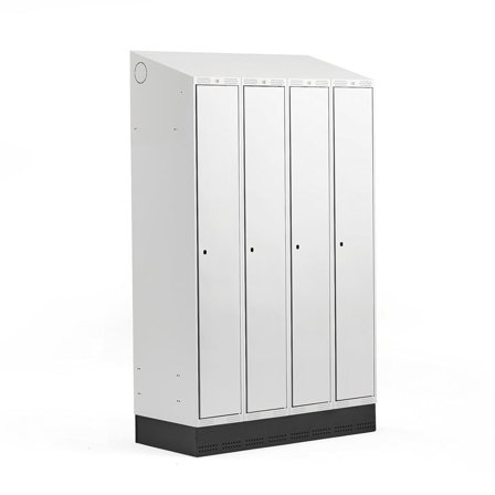 Garderobeskap CLASSIC, sokkel, 4 seksjoner, skrått tak, H2050 B1200 D550 mm, grå
