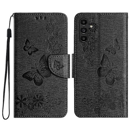 Til Samsung Galaxy A16 5G Etui Sommerfugle Blomst Læder Wallet Flip Telefon Cover - Sort