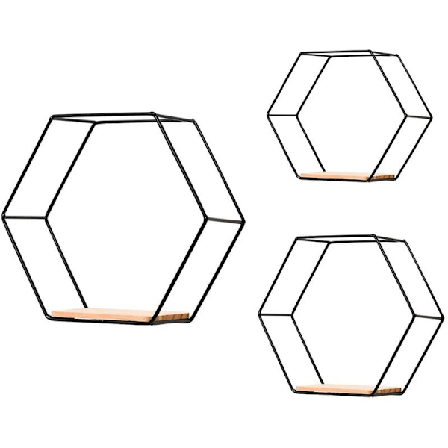 3 stk. sekskantede væghylder hængende hylder metal og træ flydende hylder hyldeopbevaringsarrangør, sort