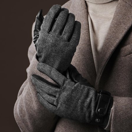 Black & Gray Herringbone Pattern Sheep Leather Gloves for Men - Winter Gloves