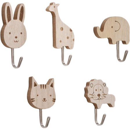 Puupuiset eläinseinäkoukut, 5 kpl eläinteemalla koristeellisia koukkuja - kissat, leijonat, puput, kirahvit, norsun muotoiset koukut puukoukut