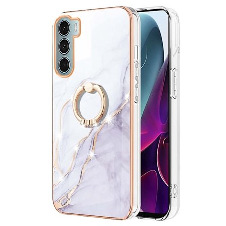 Marble Patterned Suojakuori With Ring Holder For Motorola Moto G200 5G - Valkoinen Marble Haze