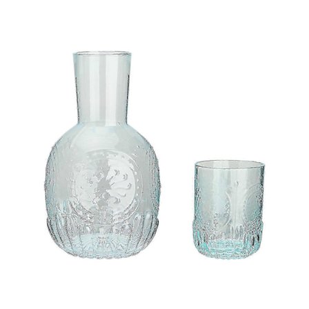 Kuuma tarjous edulliseen hintaan! 2024 Uusi vintage-yöpöydän vesikarahvi juomalasilla, uurrettu kannu ja yhteensopiva juomalasi toimii myös kantena - 