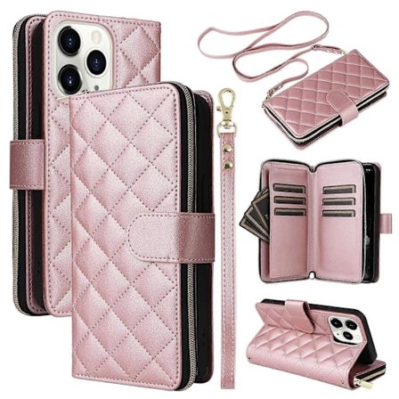 Fodral för iPhone 11 Pro Max med dragkedja, plånbok, rombmönster, läderfodral med axelrem