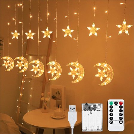 Ramadan Gardinlys Stjerner Måne, 3,5M LED Ramadan Lyslenke, 8 Moduser Ramadan Gardinlys Batteri/USB, Ramadan Dekor