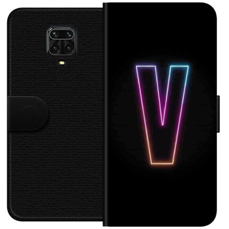 Yhteensopiva Lompakkokotelo Xiaomi Xiaomi Redmi Note 9 Pro Neonkirjain V värikoodattu valossa mustaa taustaa vasten, minimalistinen muotoilu selkeäl