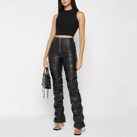 Kvinnor Staplade Hög Midja Ruched Leggings Med Fickor Pu Byxor