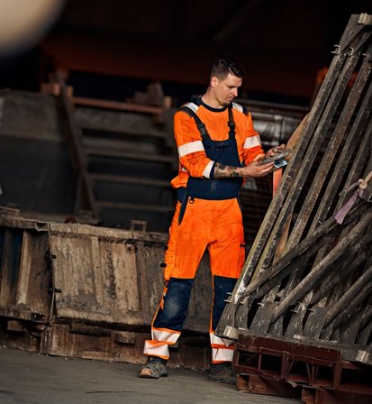 Arbetsbyxor Fristads Herr Varsel Green hängslebyxa stretch 1031 GSTP, klass 2, Varsel Orange/Marinblå Arbetskläder