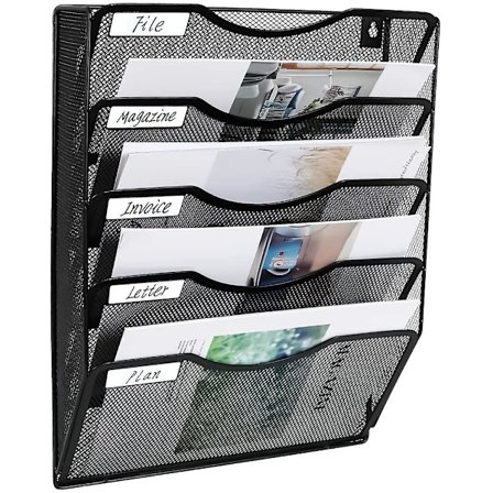 5-lokeroinen verkkoseinälehtiteline, toimiston seinälle ripustettava kansioteline, musta