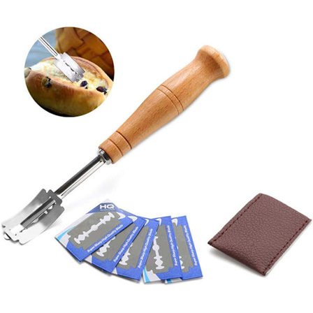 Brødkniv, håndlavet træhåndtag dej-scoreværktøj med rustfrit stål stick, surdejs-scoreværktøj med buet klinge og udskiftelig