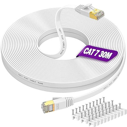 30m langt Ethernet-kabel, Cat 7 højhastigheds fladt internetkabel 30 meter netværkskabel Hvid 10gbps 600mhz Rj45-kabel 100ft Shielde