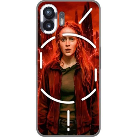 Kompatibelt Mobilskal till Nothing Nothing Phone (2) Porträtt av en ung kvinna med rött hår i en apokalyptisk landskap, röda blixtar och mörka kl