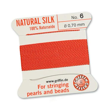 Griffin 100% naturligt pärlsilke med nål, Coral/korallröd, 2m, v röd No6 (0,7mm)