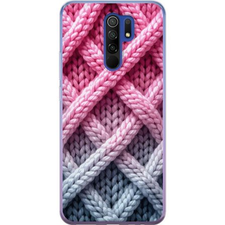 Yhteensopiva Puhelinkuori Xiaomi Redmi 9 Lähikuva kudotusta tekstiilikuviosta vaaleanpunaisissa, harmaissa ja valkoisissa sävyissä, joissa on tunto