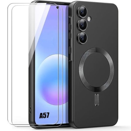 Cover til Samsung Galaxy A57 5G, Flydende Silikone med Magnetisk Ring - Sort - 2 Hærdede Glas