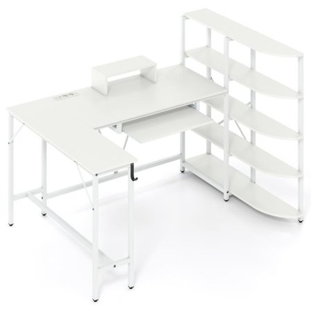 COSTWAY Vinkelbord med Opbevaringshylder - Lade Station - Skærmstativ, Krog og Skuffe til Tastatur Hvid