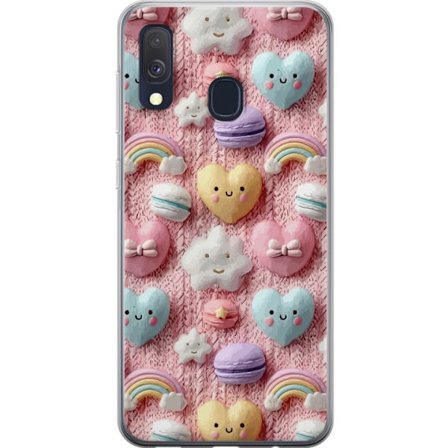 Yhteensopiva Puhelinkuori Samsung Galaxy A40 Pastellimotiiivi sydämillä, pilvillä, sateenkaarilla ja makaronseilla vaaleanpunaisella taustalla suloise