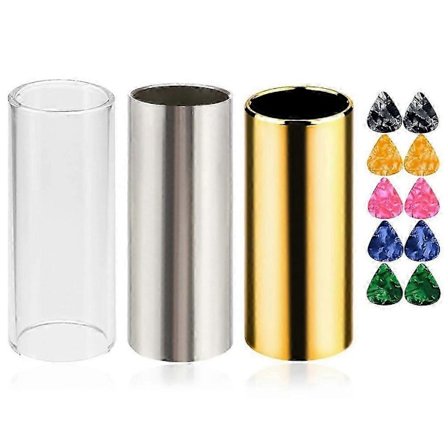 Kitaraslide, setti jossa 1 lasinen slide, 1 terässlide ja 1 messinkinen kitaraslide, bonus 10 kitaran plektraa